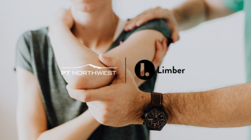 Patient performing a guided shoulder exercise with a physical therapist, with the Limber and PT Northwest logos displayed in the corner.
